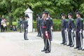 Norwegian soldiers in gala uniforms changing honor guard in front of the Royal Palace on July 1, 2016 in Oslo, Norway.