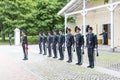 Norwegian soldiers in gala uniforms changing honor guard in front of the Royal Palace on July 1, 2016 in Oslo, Norway.