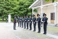 Norwegian soldiers in gala uniforms changing honor guard in front of the Royal Palace on July 1, 2016 in Oslo, Norway.