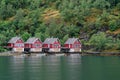 Norwegian tourist red houses and fishing boats, Flam, Norway