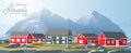 Norwegian traditional village town illustration