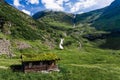 Norwegian typical grass roof country house in scandinavian panorama