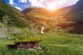 Norwegian typical grass roof country house in a sunny scandinavian panorama