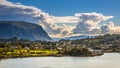 Norwegian village in fjord landscape Royalty Free Stock Photo