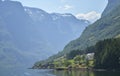 Norwegian village landscape with fjord, mountains and colorful houses, Scandinavian Mountains, Norway Royalty Free Stock Photo