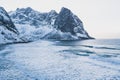 Norwegian winter sunny mountain landscape blue sky view with mountains, fjord, Norway, Ryten peak - famous mountain in Lofoten Isl Royalty Free Stock Photo