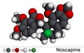 Noscapine molecule. It is non-sedating isoquinoline alkaloid used for its antitussive properties. Molecular model. 3D rendering Royalty Free Stock Photo