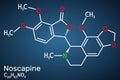 Noscapine molecule. It is non-sedating isoquinoline alkaloid used for its antitussive properties. Structural chemical formula on Royalty Free Stock Photo