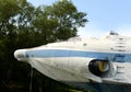 The nose of the airborne ekranoplan of Project 904 `Eaglet` at the Khimki Reservoir in Moscow