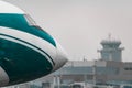 Nose of airplane Tupolev Tu-154 at fog in Moscow Airport Domodedovo Royalty Free Stock Photo