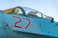 Nose and cabin of the Russian fighter against the blue sky