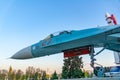 Nose and cabin of the Russian fighter against the blue sky