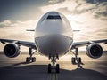 Nose of huge airplane on taxiway.