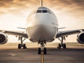 Nose of huge airplane on taxiway.