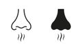 Nose Human Smells Line and Silhouette Black Icon Set. Nasal Odor Sniff Pictogram. Bad Aroma Symbol Collection. Nose Loss