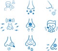 Nose infection icon, Nose icon, Nose pain blue vector icon set.