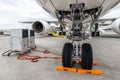 Nose landing gear on an Airbus A330 passenger plane. Le Bourget, France - June 20, 2019 Royalty Free Stock Photo