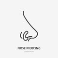 Nose piercing line icon, vector pictogram of face jewelry. Piercing studio logo, linear illustration