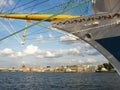 The nose of the ship and the view of the Neva river