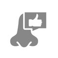 Nose with thumb up in chat bubble grey icon. Olfactory organ symbol
