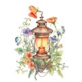 Nostalgia in Bloom: Watercolor Oil Lamp and Wildflower Bouquet