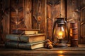 Nostalgic Academic Study Space Vintage Degrees Lanterns and LeatherBound Books on Worn Wood Paneling Royalty Free Stock Photo
