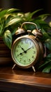 Nostalgic alarm clock and green houseplant set on wooden surface Royalty Free Stock Photo