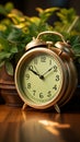 Nostalgic alarm clock and green houseplant set on wooden surface Royalty Free Stock Photo