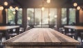 Nostalgic Ambiance. Vintage Wooden Table in Blurred Restaurant Setting.