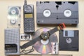 nostalgic assortment of vintage technology and media formats from 1980s and 1990s Royalty Free Stock Photo