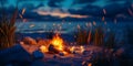 Nostalgic Beach Bonfire Storytelling with Marshmallows for a Cozy Night Under the Stars Royalty Free Stock Photo