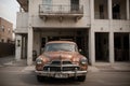 Nostalgic Beauty A Vintage Inspired Photograph of a Retro Car and Old Building.AI Generated Royalty Free Stock Photo