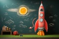 Nostalgic blackboard childrens drawings and a whimsical toy rocket