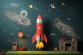 Nostalgic blackboard childrens drawings and a whimsical toy rocket