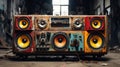 Nostalgic 1980s Vintage Ghetto Blaster Stereo Radio Cassette Tape Recorder Wall Against a Concrete Background
