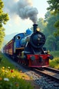 Nostalgic blue steam train, classic passenger car , painting, blue Royalty Free Stock Photo