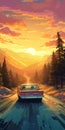 Nostalgic Cartoon Illustration Of A Car Driving Into The Sunset Royalty Free Stock Photo