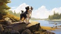 Nostalgic Children\'s Book Illustration: Bernese Mountain Dog Puppy By The Water Royalty Free Stock Photo