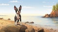 Nostalgic Children\'s Book Illustration: Boston Terrier Puppy On New Brunswick Shores