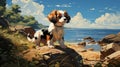 Nostalgic Children\'s Book Illustration: Cavalier King Charles Spaniel Puppy On Prince Edward Island Royalty Free Stock Photo