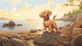 Nostalgic Children\'s Book Illustration: Golden Retriever Puppy On Prince Edward Island Royalty Free Stock Photo