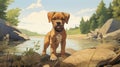 Nostalgic Children\'s Book Illustration: Mastiff Puppy By The River