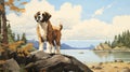 Nostalgic Children\'s Book Illustration: Saint Bernard Puppy On British Columbia Shores