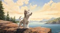 Nostalgic Children\'s Book Illustration: Siberian Husky Puppy By The Shores Of British Columbia Royalty Free Stock Photo