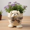 Nostalgic Dog Shaped Flowerpot With Bow - Handmade Glazed China Design Royalty Free Stock Photo