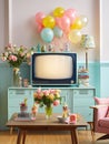 Nostalgic Entertainment: Cute Vintage Shelves with TV and Coffee Table