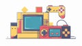 Nostalgic flat modern illustration of Tetris, old retro game console, 80s and 90s gadget. Gamepad from the 1990s