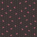 Nostalgic floral polka dot pattern with little pink tulips on dark brown background. Print for fabric in vector