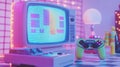 Retro gaming console setup with colorful graphics and controller placed next to an old television. Generative AI Royalty Free Stock Photo