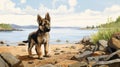 Nostalgic German Shepherd Puppy Illustration On Nova Scotia Beach